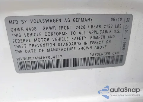 2010 Volkswagen Passat Komfort из США, поврежденный, VIN WVWJK7AN4AP054217